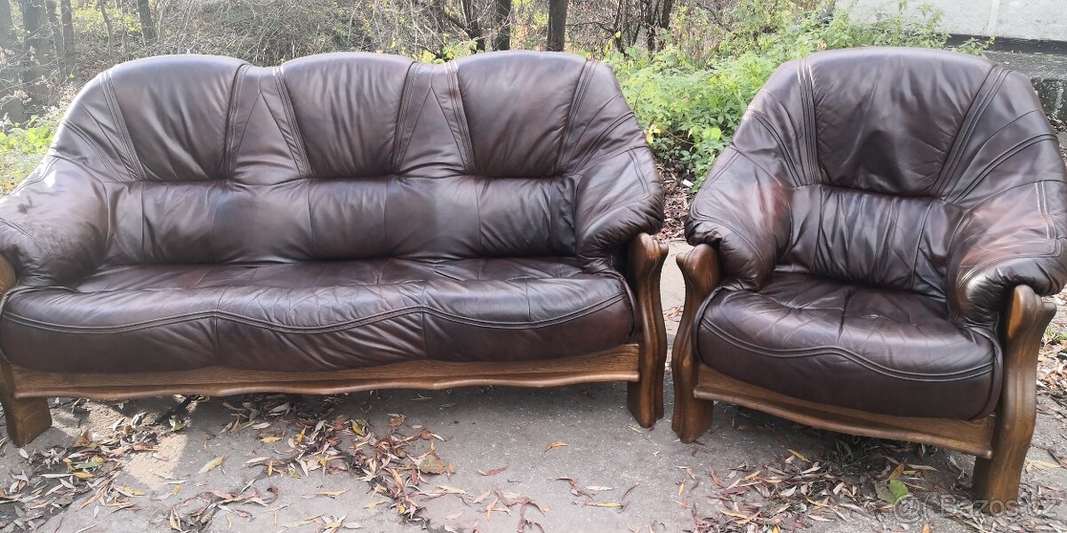 Kožená sedací souprava 3+1+1 s masivním dřevem TOP STAV - 4