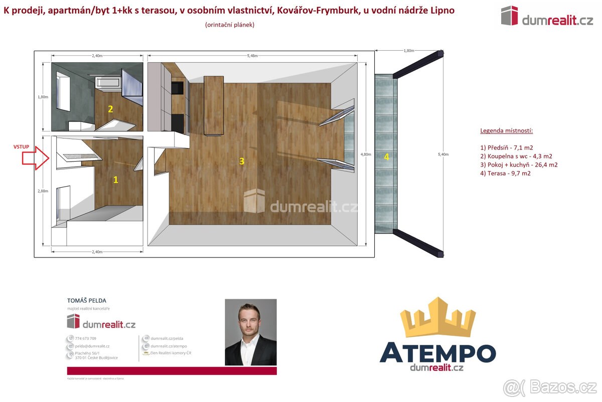 K prodeji, apartmán/byt 1+kk s terasou, v osobním vlastnictv - 4