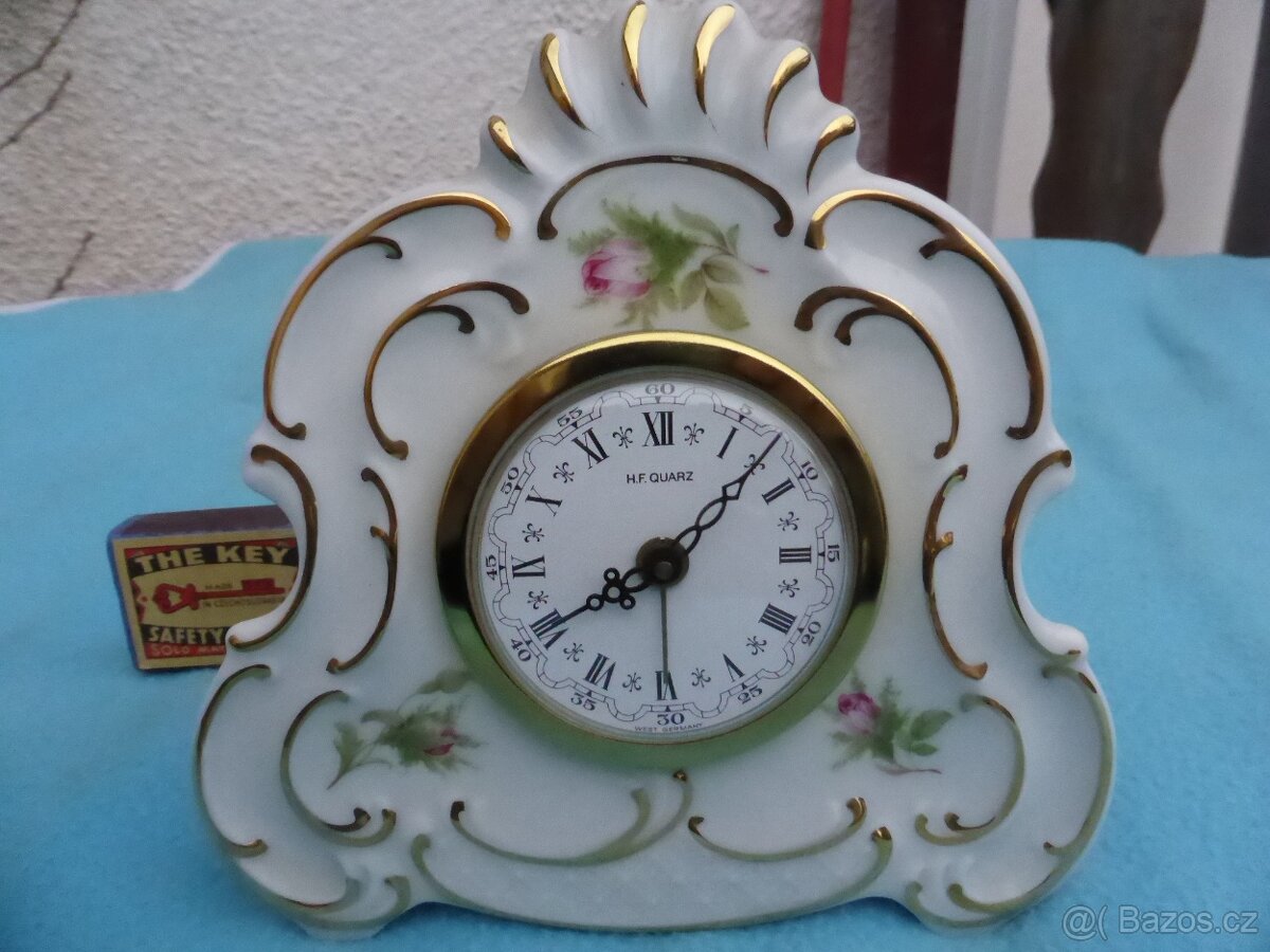 Porcelánový budík Lindner Německo, zlacené - 4