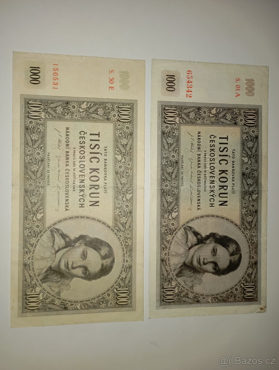 BANKOVKY 1000 KČS 1945, PRVNÍ A POSLEDNÍ VYDANÁ SÉRIE - 4