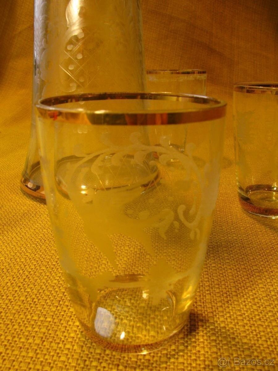 Starožitná zlacená Karafa + 6 skleniček, panáku - 4