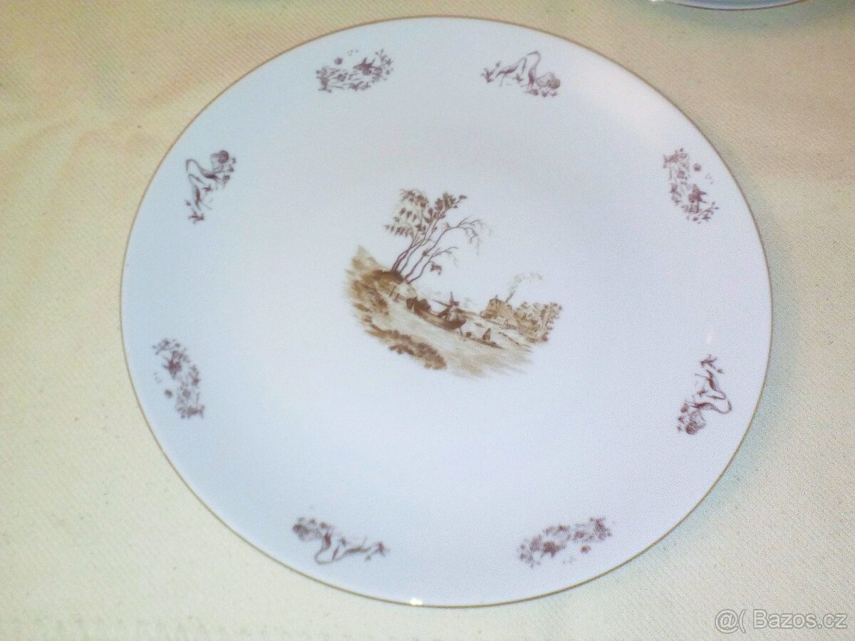 jídelní sada talířů, vzor- zátiší u kostelíku, zlacený okraj - 4