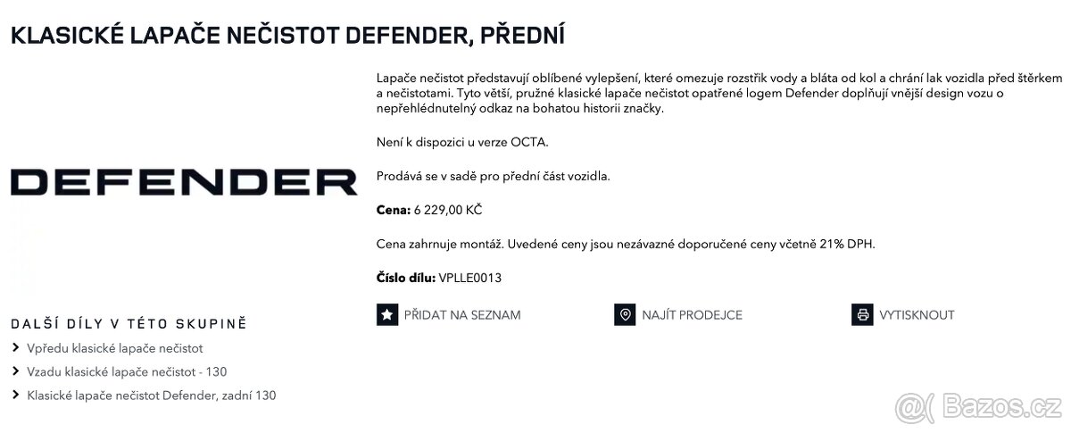 Prachovky na Land Rover Defender (originální díly - nové)