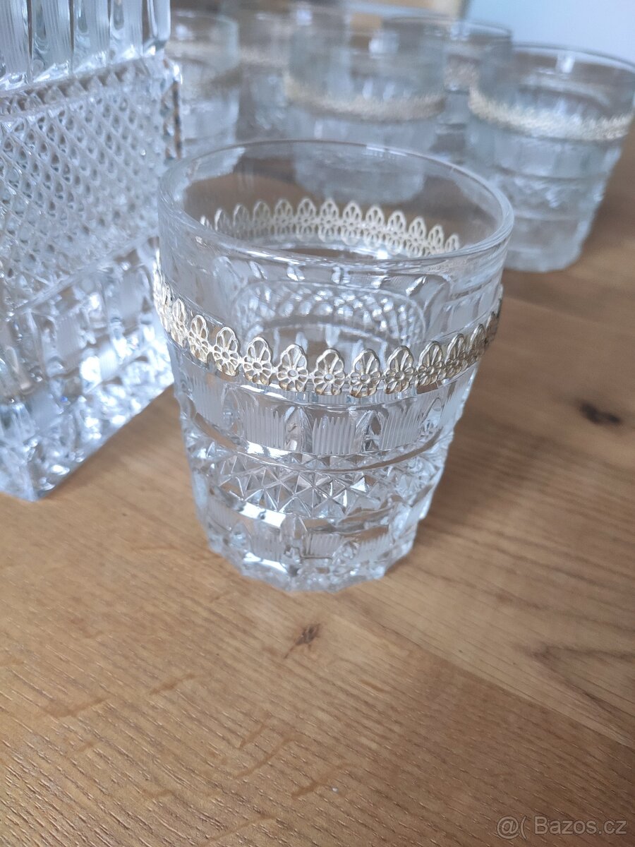 Starožitná broušená sada na whisky karafa, sklenice - 4