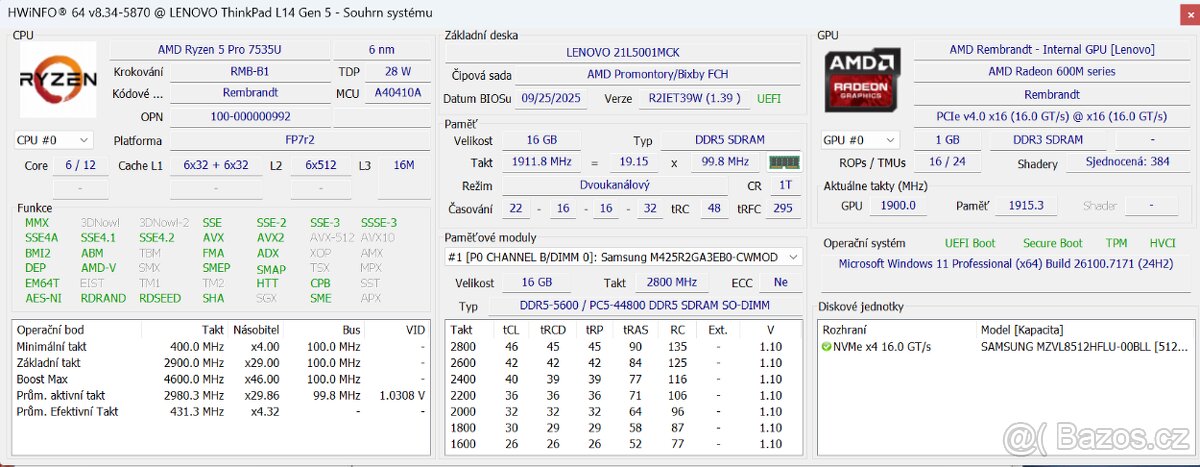 Zánovní Lenovo ThinkPad L14 Gen 5 – Ryzen PRO, Záruka On-sit - 4