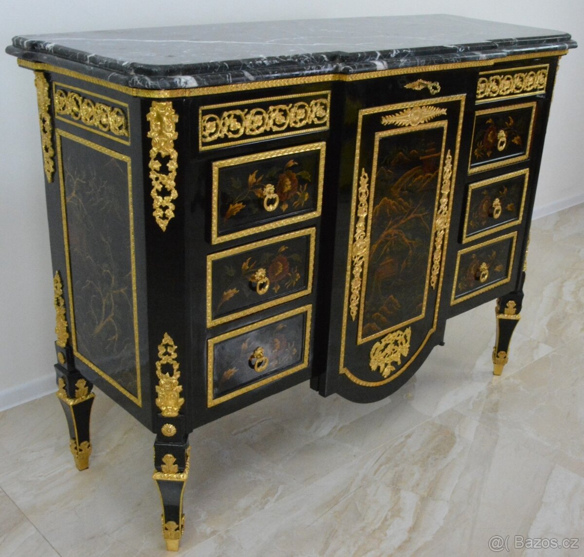 Zámecká malovaná komoda s mramorovou deskou-145 cm - 4