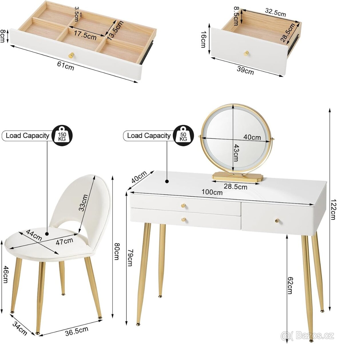 Nový kosmetická stůl se zrcadlem s Led světlem + židle - 4
