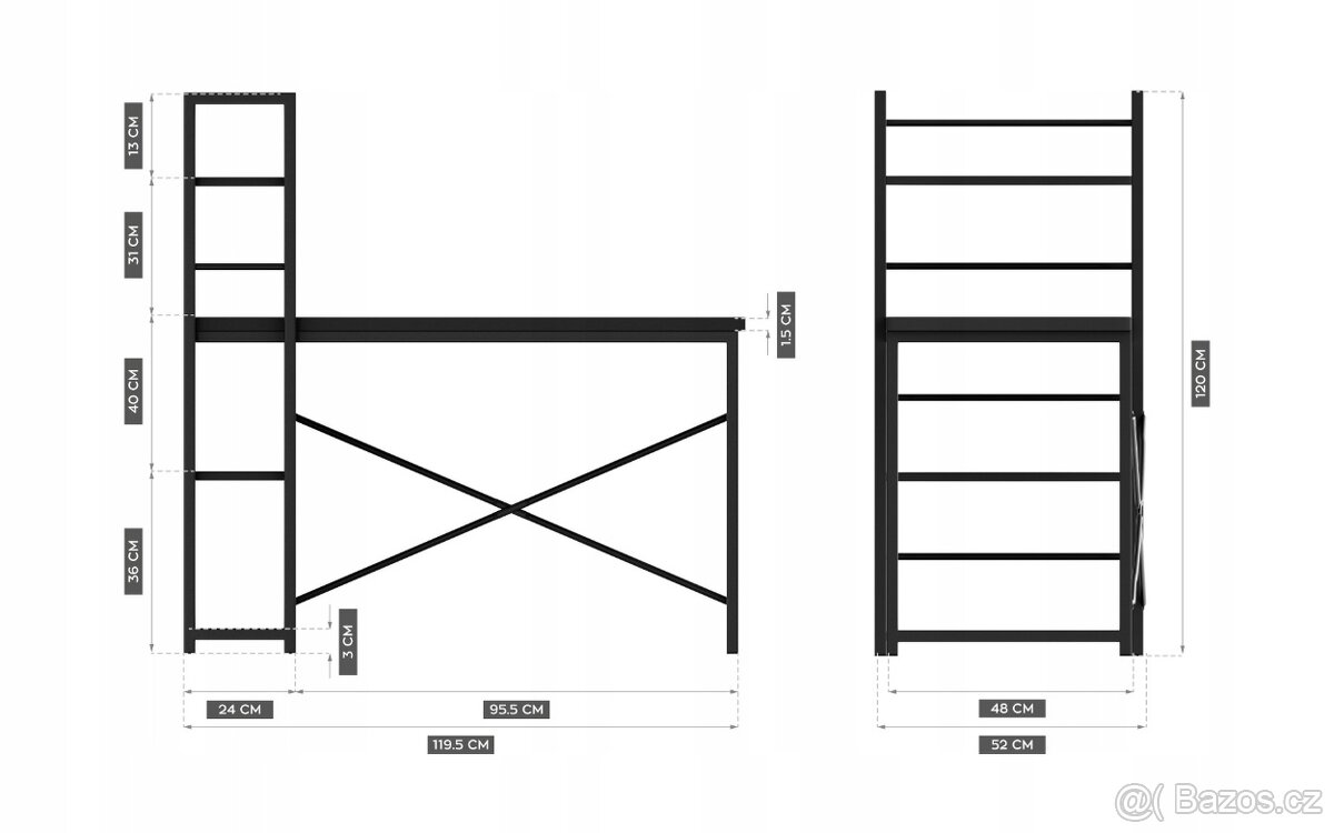 Moderní počítačový stůl s regálem - černý - 4