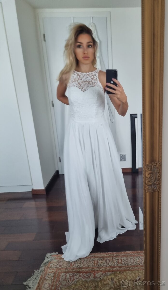 krásné nové svatební šatičky s krajkovým topem 38/40 - 4