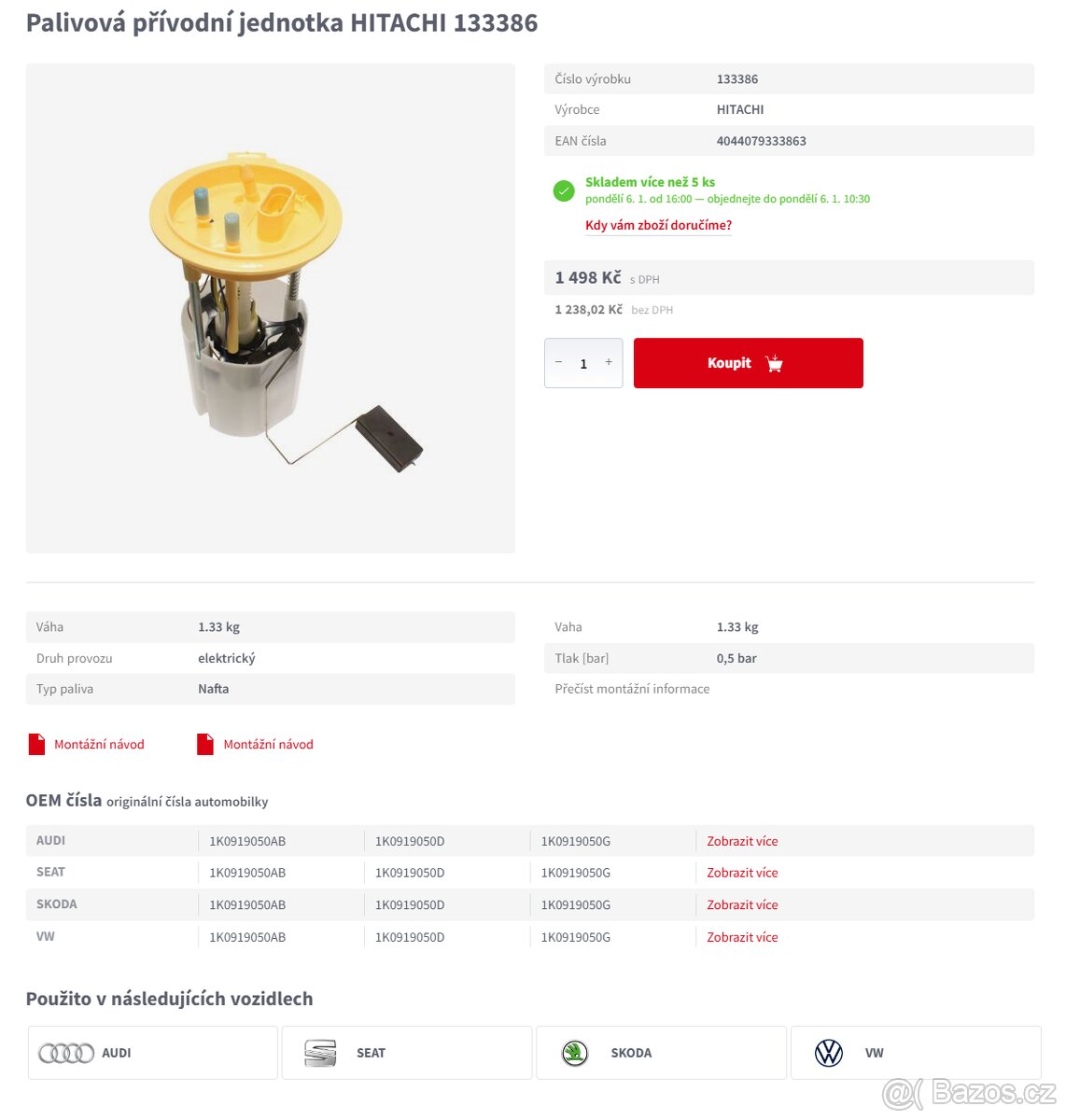 Palivové čerpadlo HITACHI 133386 Audi VW Volkswagen - 4