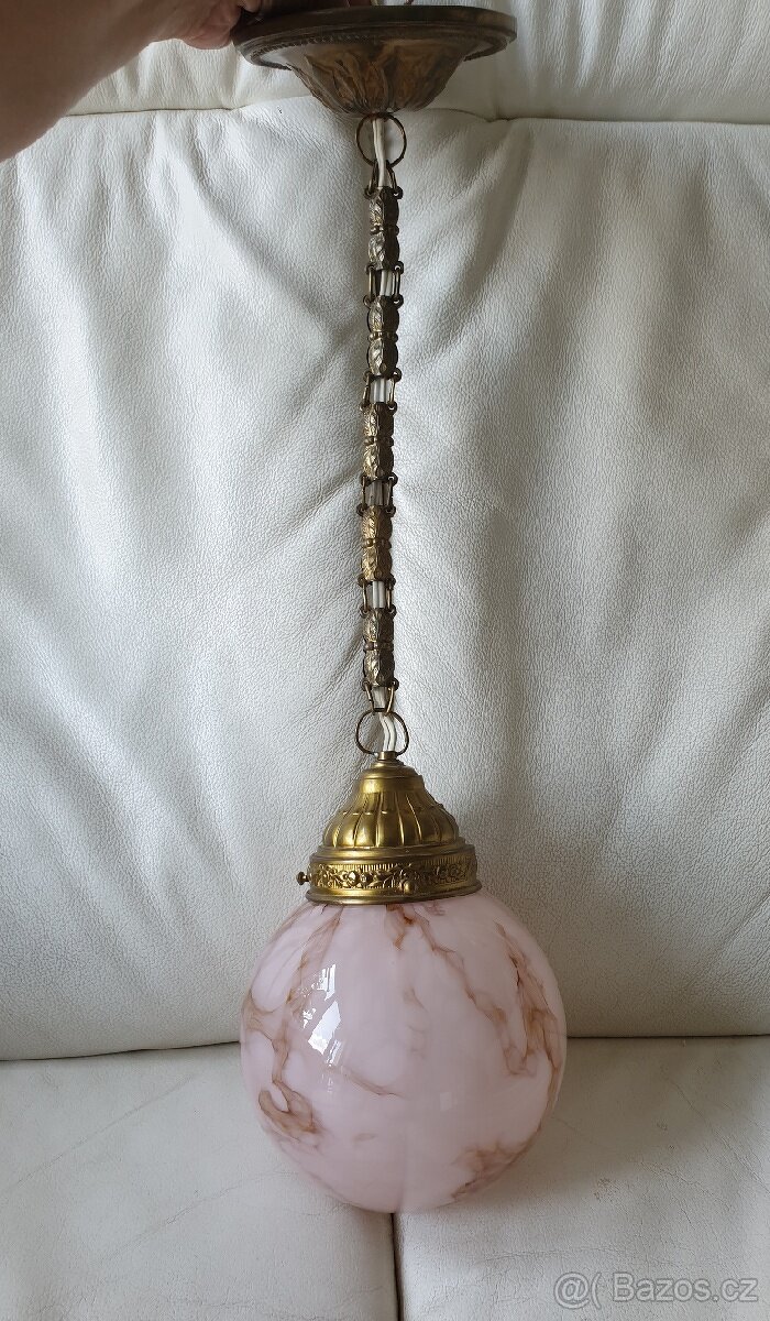 Starožitný lustr art deco na řetězu růžová koule - 4