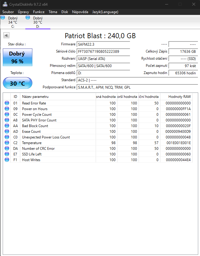 SSD Patriot Blast 240GB – 2 ks, zdraví 95–96 % - 4