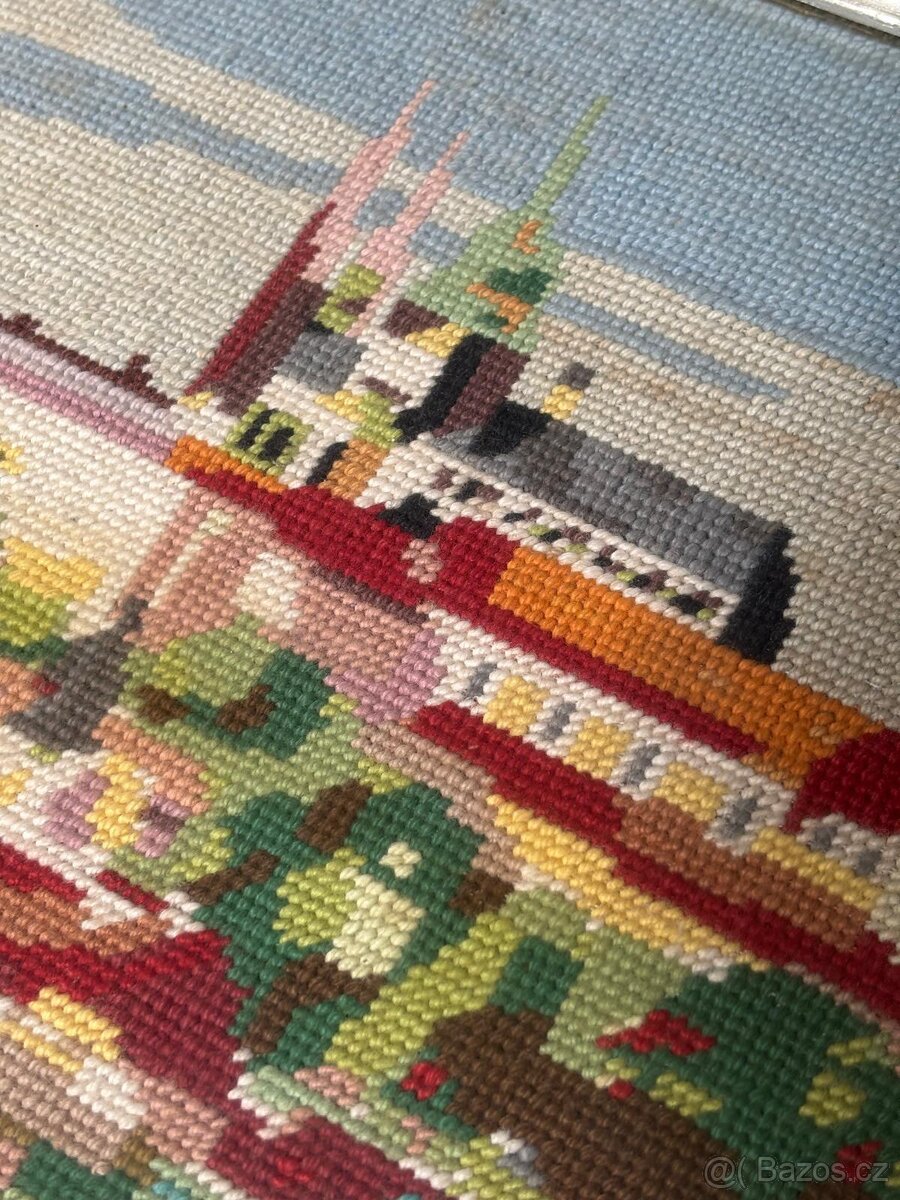 Velký starožitný vyšívaný obraz Pražský hrad Karlův most - 4