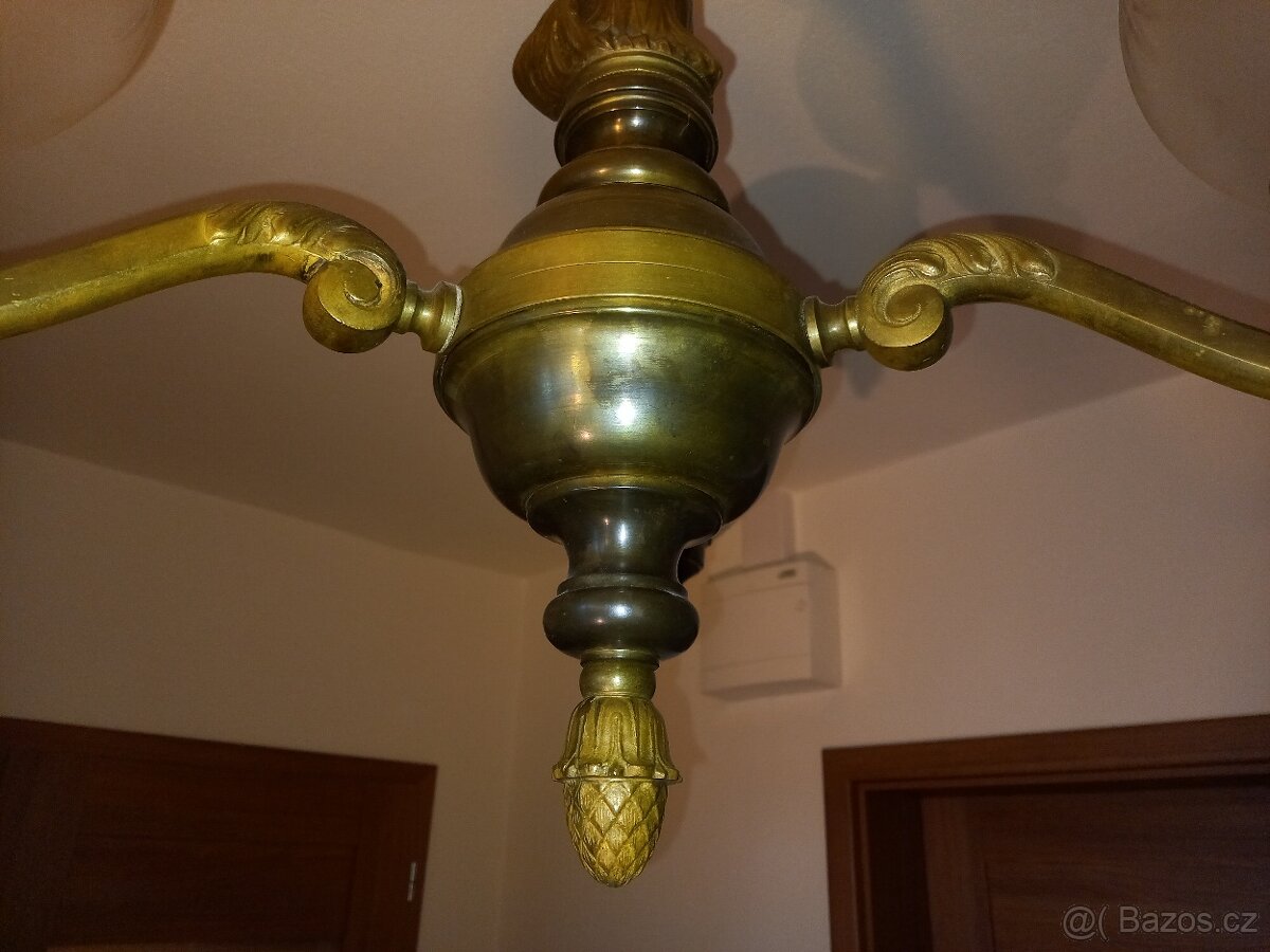 secesní mosazný tříramenný lustr - 4
