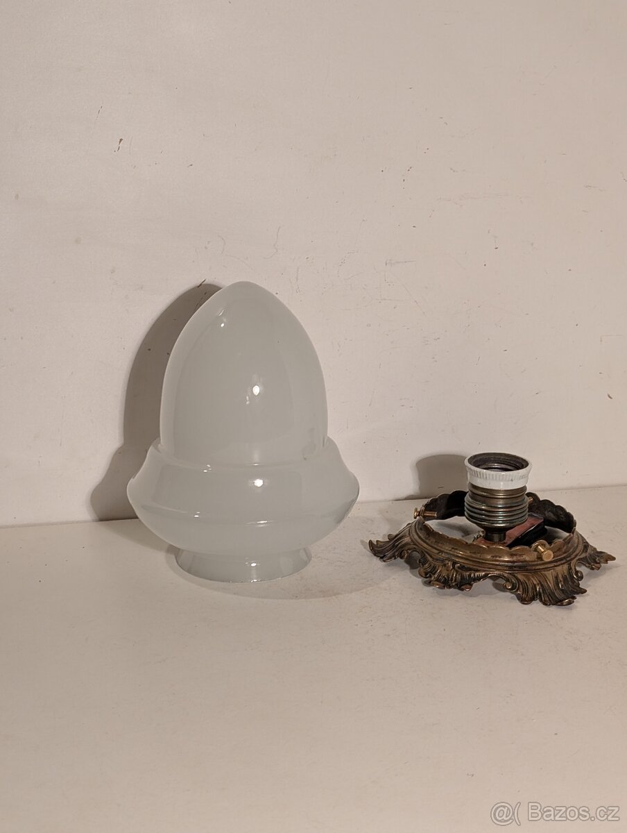 secesní mosazný lustr, původní mléčné stínidlo - 4