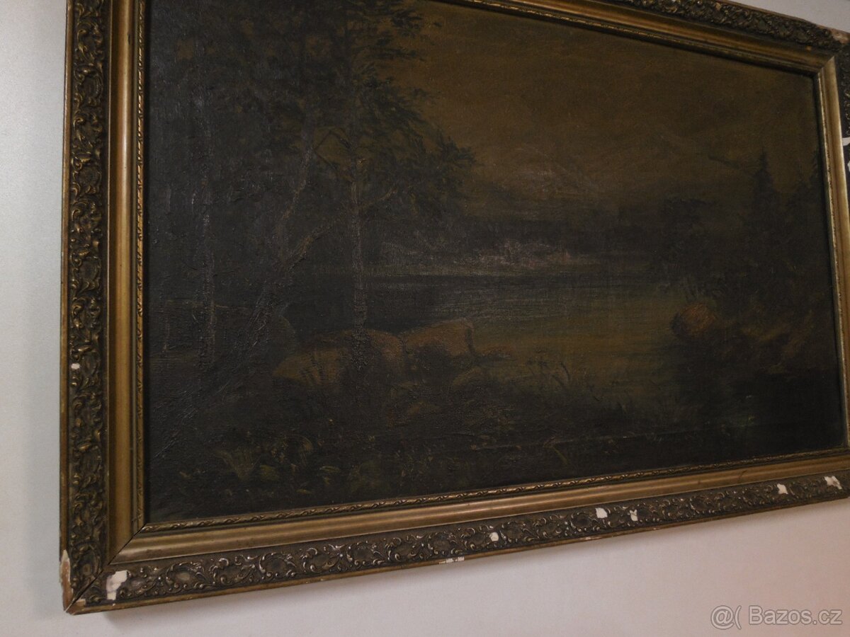 Starý obraz, krajina, jezero,sig. - 4