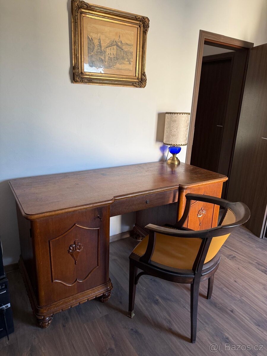 Starožitná sestava - knihovna, psací stůl a židle - 4