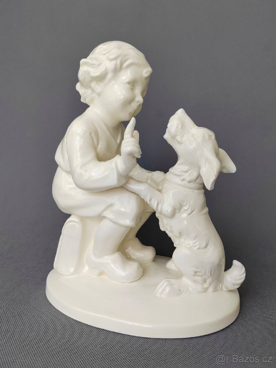 Starožitná soška "Chlapec se psem" Max Roesler (1900-1910) - 4