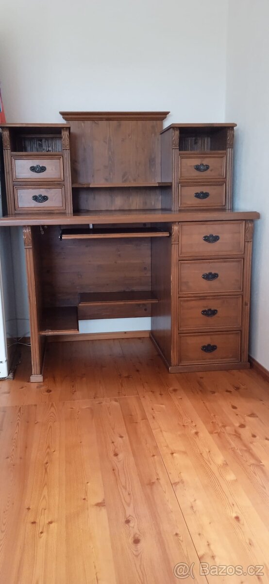 Psací stůl dřevěný s nástavcem a zásuvkami - 4