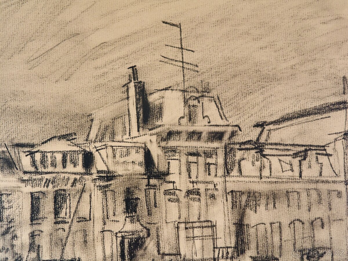 Kresba uhlem Engelman 1980, městské nábřeží, Amsterdam - 4