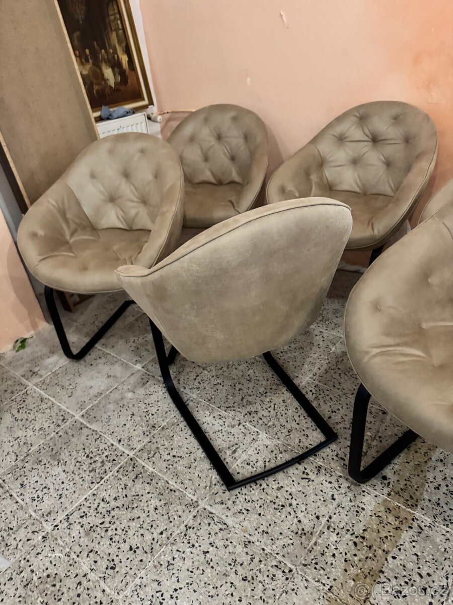 NOVÉ 6x béžové křesílka-židle vintage kov podnož - 4