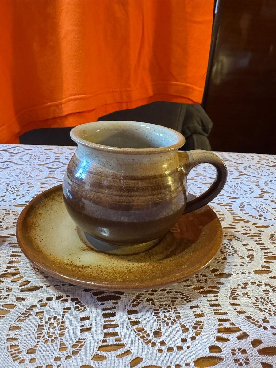 Vintage hnědá keramická sada na kávu či čaj a váza - 4