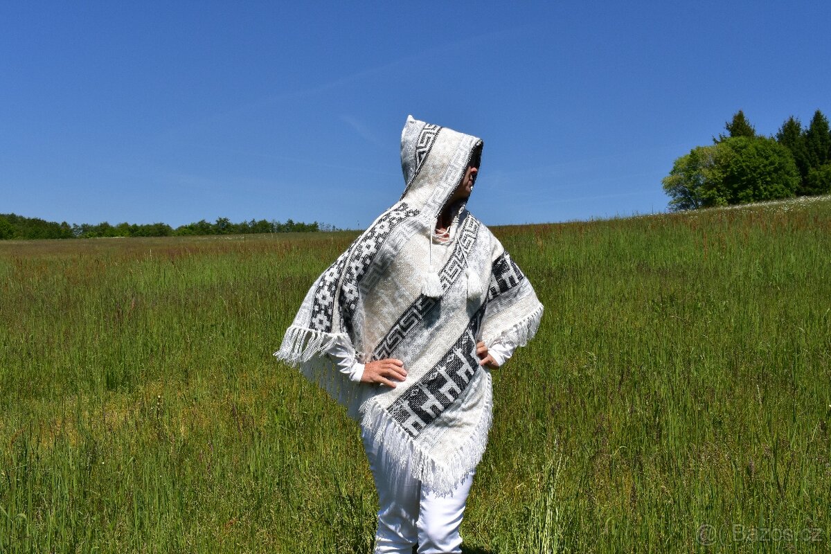 Pončo - Chile s vlnou alpaka s kapucí - 4