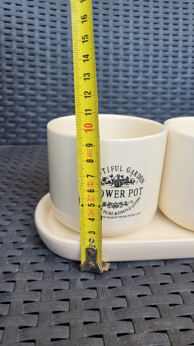 3 keramické květináče s táckem - 4