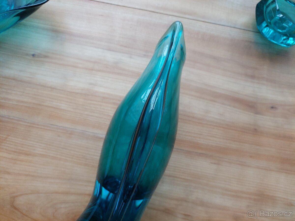 Luxusní skleněná antik váza + mísa + popelník zelené sklo - 4
