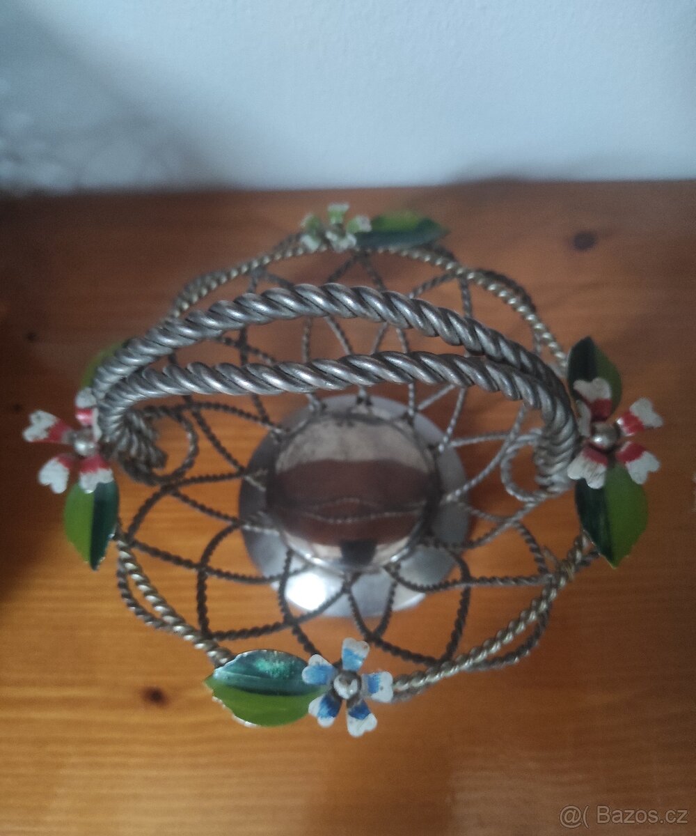 secese - drátěný košík splétaný - zdobený smaltem - 4