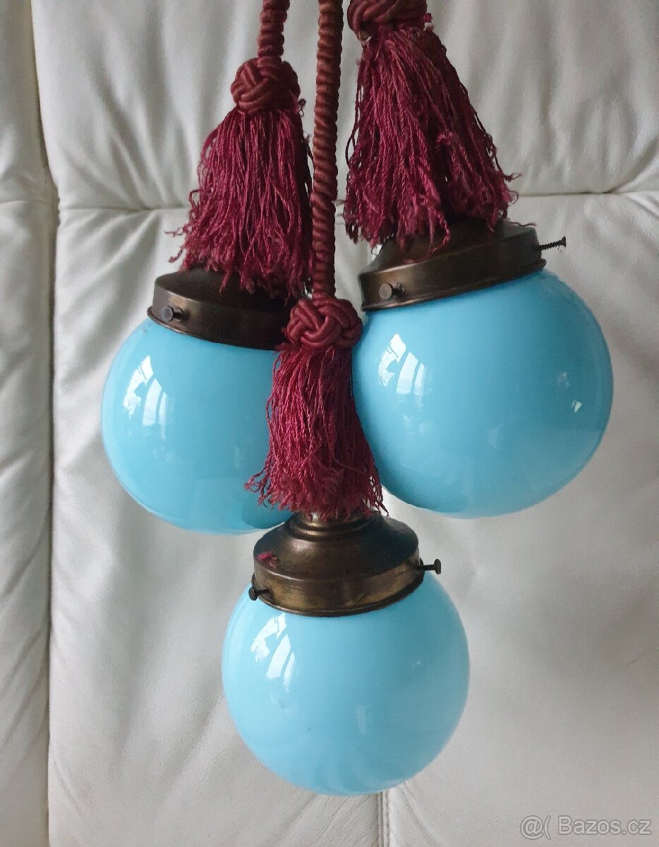 Starožitný lustr art deco na provazu modré koule - 4