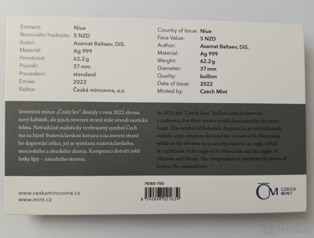 Stříbrná mince Český lev 2022 2 oz - 4