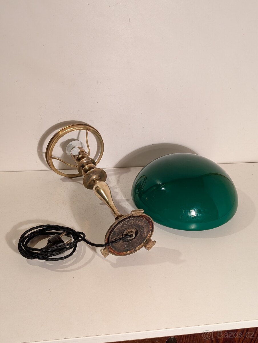 mosazná lampička, lampa, zelené stínidlo, bankéřka - 4