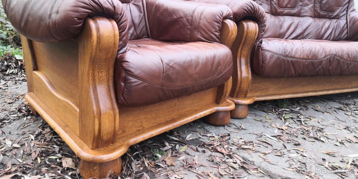 Kožená sedací souprava 3+1+1 s masivnim dřevem - 4