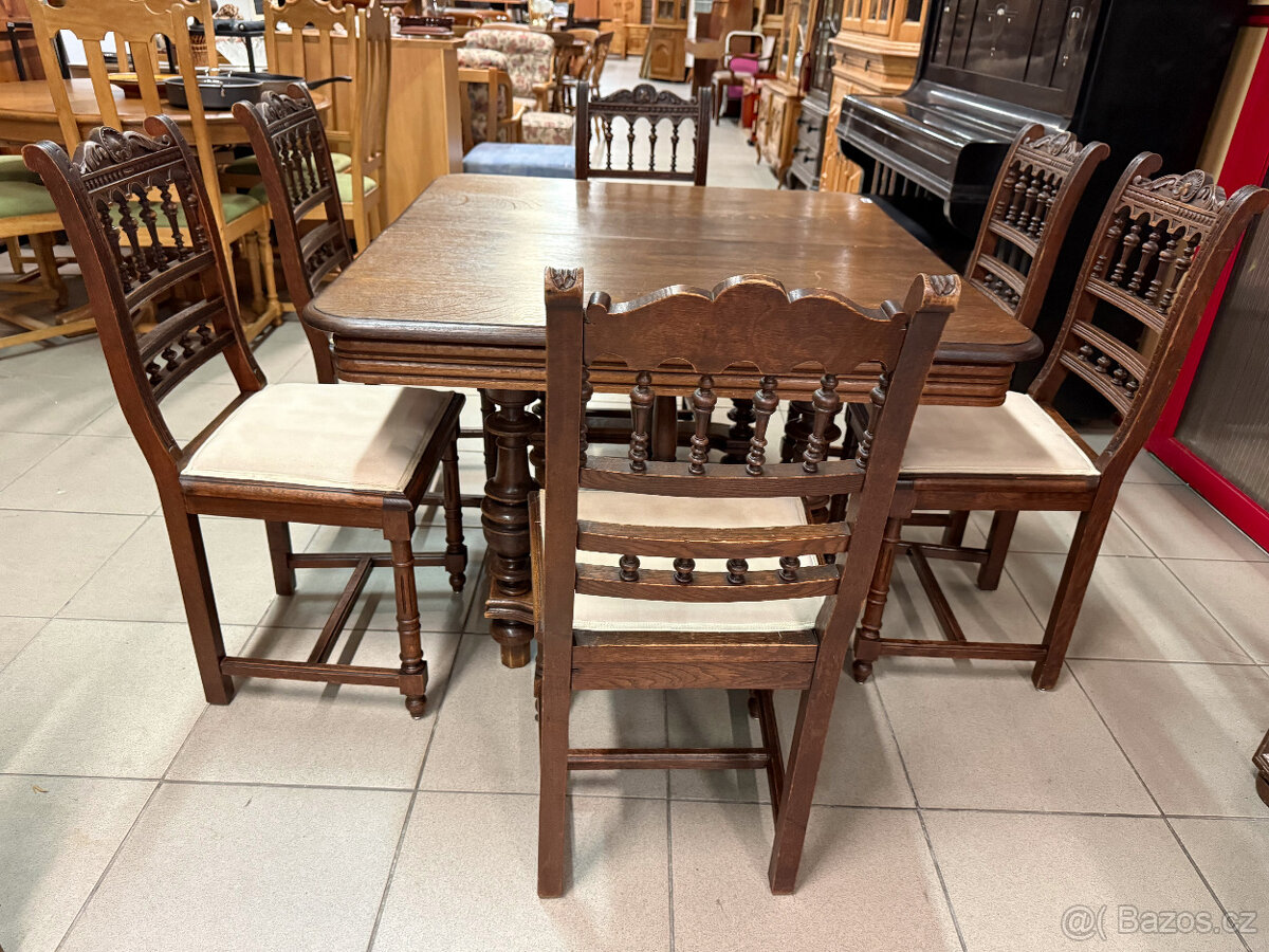 dvakrát historický set dubového stolu a šesti židlí - 4