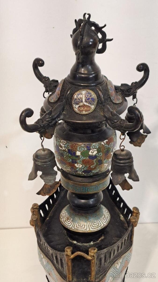 UNIKÁT-Velká starožitná cloisonné bronzová kadidelnice/lampa - 4