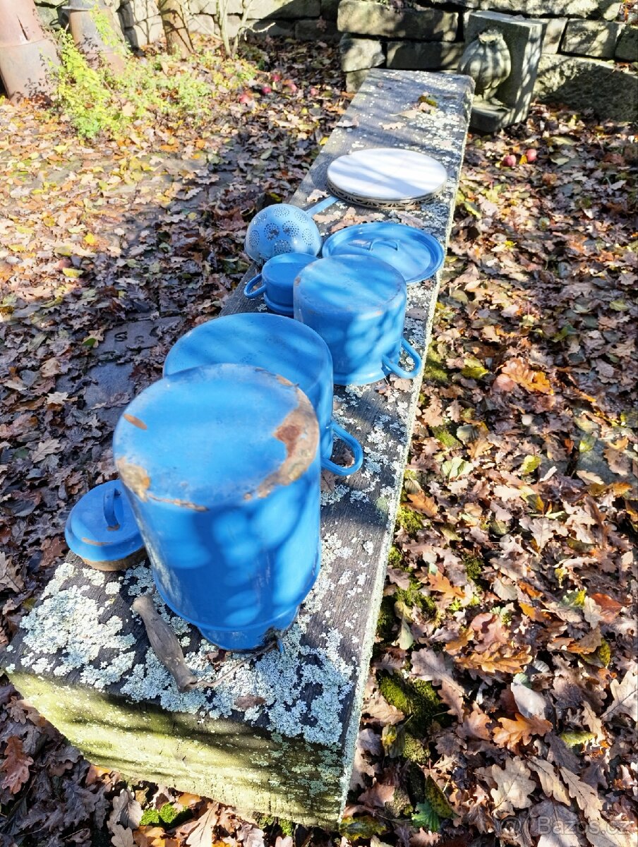 Set starý modrý smalt,secesní podnos, tácek s perletí - 4