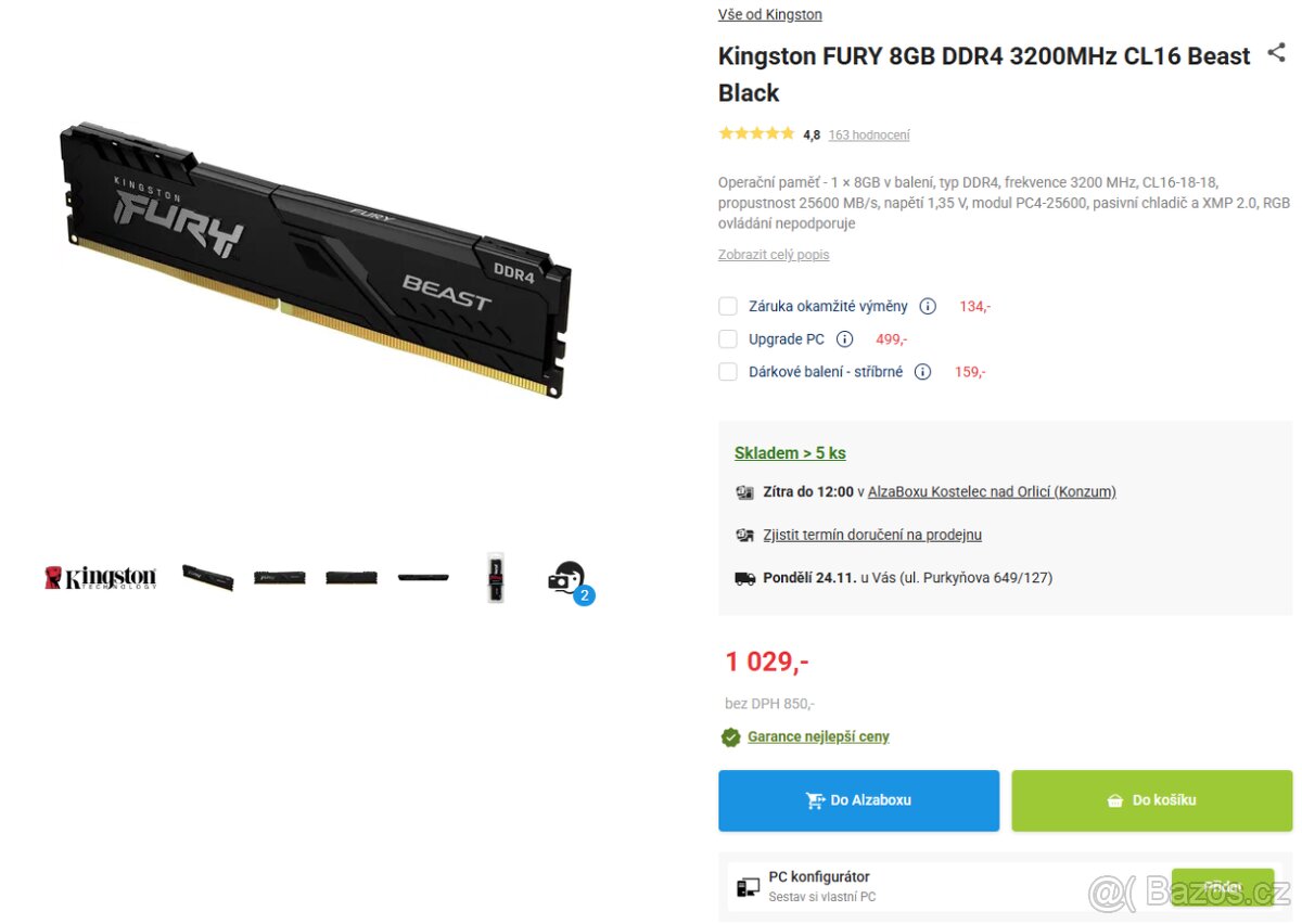 Paměť RAM DDR4 8GB (1x8GB) 3200mhz CL18 HyperX Fury Kingston - 4