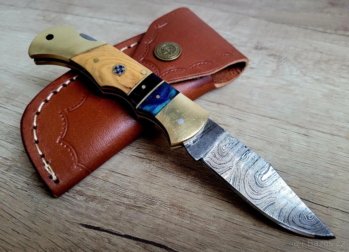 kapesní Damaškový nůž 4ROW A+ 16,5 cm s koženým pouzdrem - 4