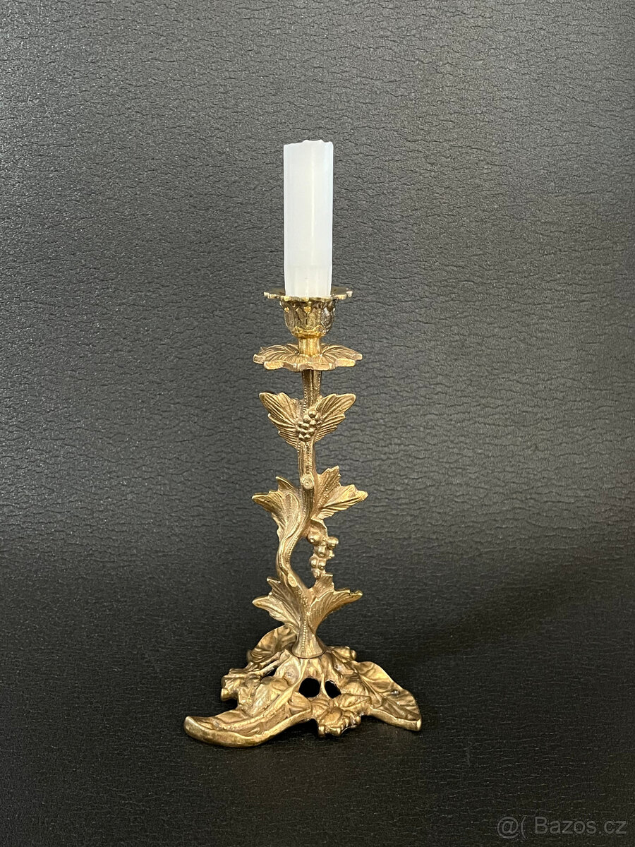 Mosazný retro svícen 21 cm, florální dekor - 4