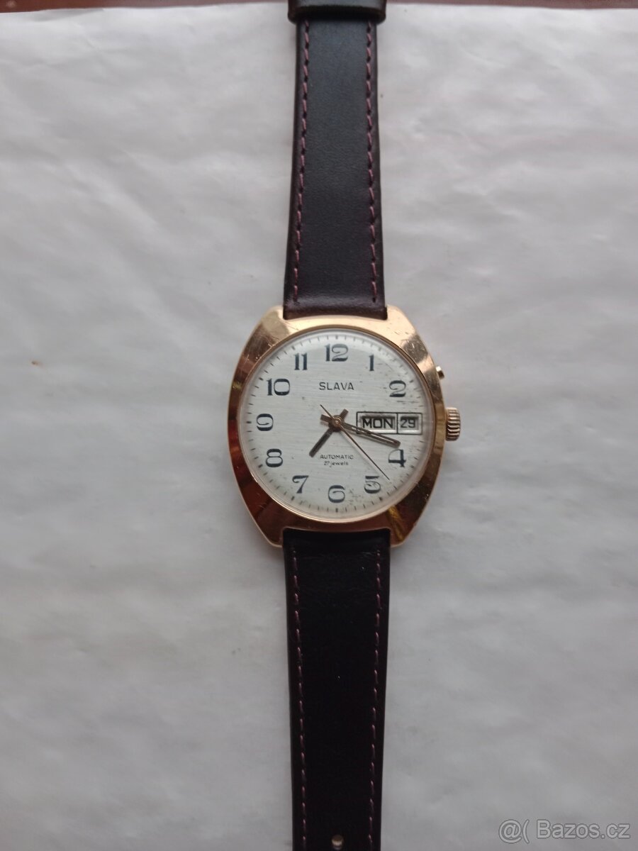 Staré funkční pozlacené hodinky Slava automati - 4