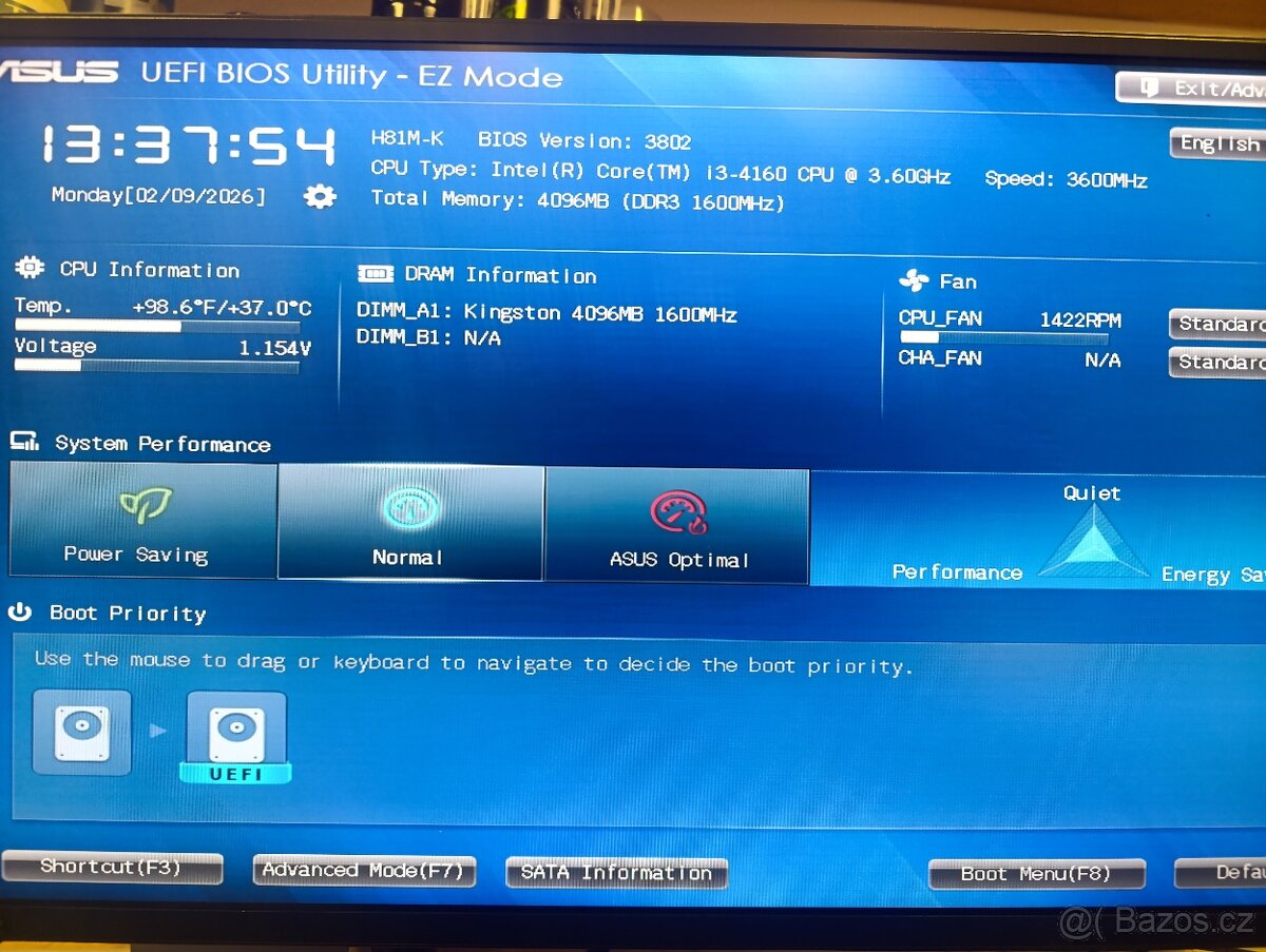 Asus H81M-K, + CPU i3-4160, RAM 4GB DDR3 - 4