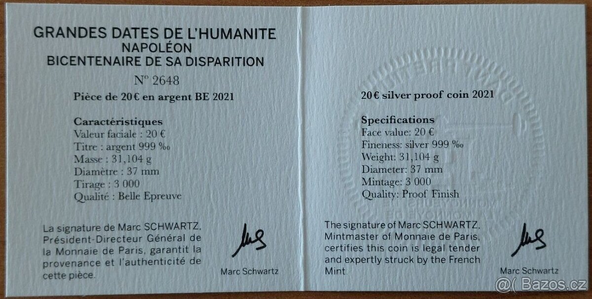 1 OZ Stříbrná mince 200. VÝROČÍ OD SMRTI NAPOLEONA, PROOF - 4