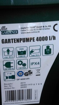 Prodám zahradní čerpadlo Mr.GARDENER 4000 L/H - 4