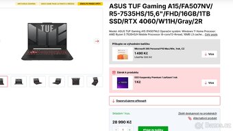 Herní Asus Tuf Gaming A15 / RTX 4060 / DDR5 / 144 Hz LCD - 4