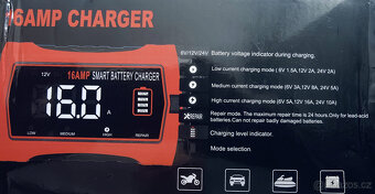 Nabíječka autobaterie, automat 6,12,24V,16A nová - 4
