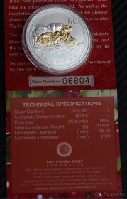 1 oz Rok Myši 2008 zlacený reliéf stříbrná mince - 4