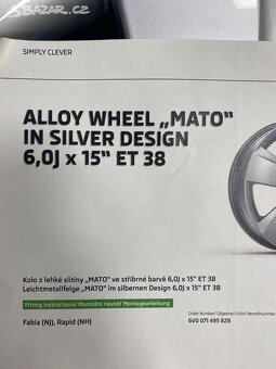 ALU hliníková kola(disky) Škoda MATO 15 6V0071495 8Z8 - nové - 4