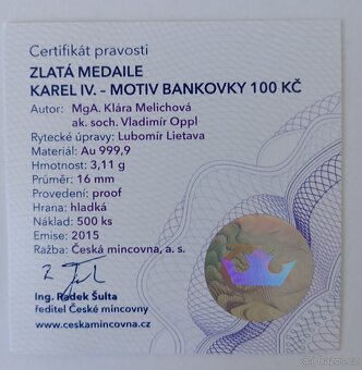 Zlatá medaile Karel IV.-motiv bankovky 100 kč - 4