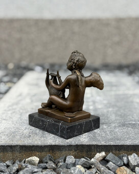 Bronzová andělská soška Putto s lyrou anděl dítě figurka - 4